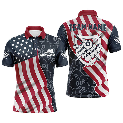 Personalized US Flag 8 Ball Pattern Billiard 3D Polo Shirts For Men, Custom Pool Player Jerseys VHM0338