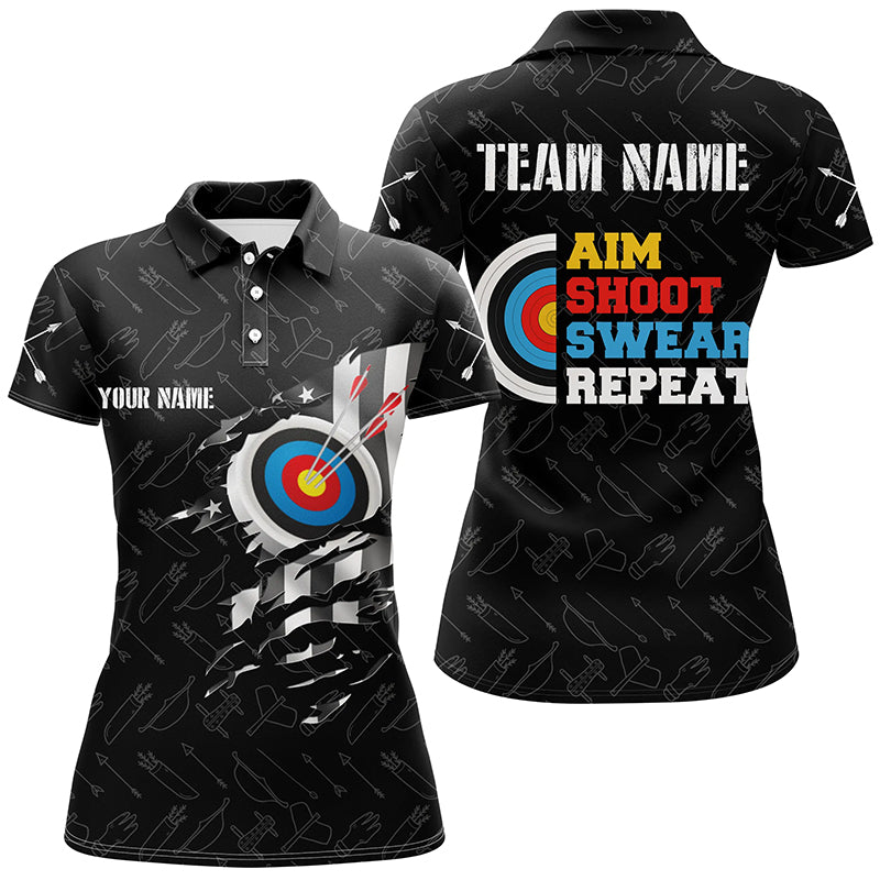 Personalized Aim Shoot Swear Repeat Archery Polo Shirts For Women Custom US Flag Arrow Archery Shirts VHM0567
