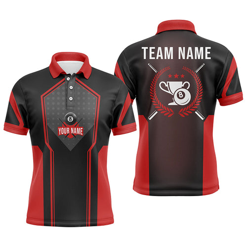 Personalized Red Black 8 Ball Pool Polo Shirts For Men, Custom 8 Ball Trophy Emblem Billiard Shirts VHM0730