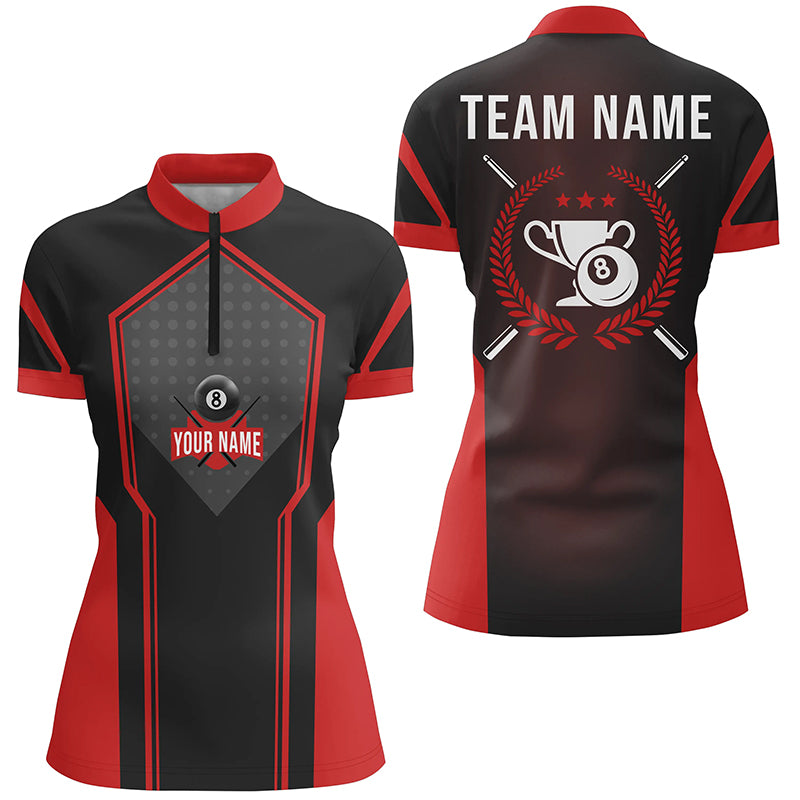 Personalized Red Black 8 Ball Pool Quarter-Zip Shirts For Women, 8 Ball Trophy Emblem Billiard Shirts VHM0730