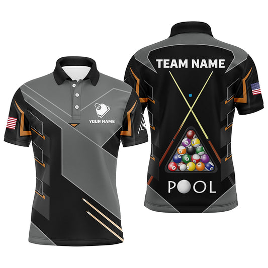 Personalized US Flag 8 Ball Billiard Polo Shirts For Men, Custom Grey Black Pool Balls Jerseys VHM0732