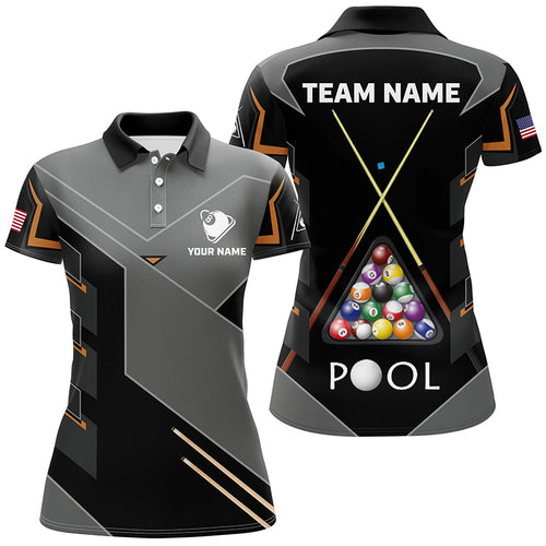 Personalized US Flag 8 Ball Billiard Polo Shirts For Women, Custom Grey Black Pool Balls Jerseys VHM0732