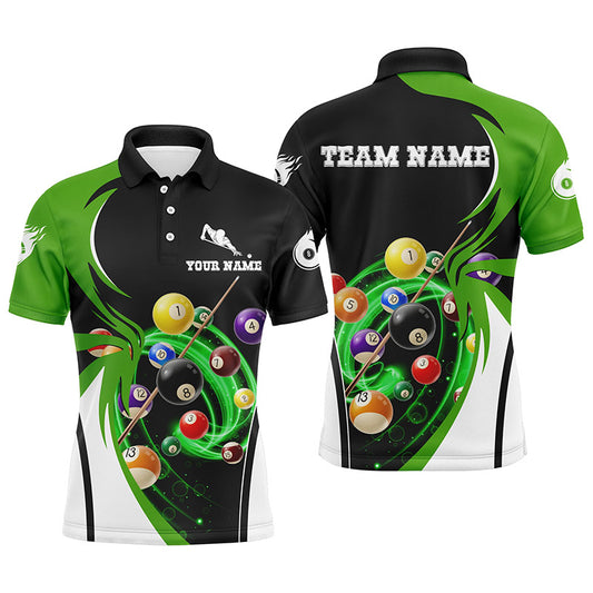 Personalized Billiard 3D Polo Shirts For Men, Ball 8 Flame Player Billiards Green Jerseys VHM0116