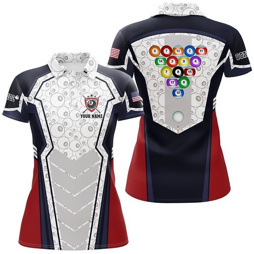 Personalized 8 Ball Pattern Billiard 3D Polo Shirts For Women, Custom Name US Flag Billiard Shirts VHM0347