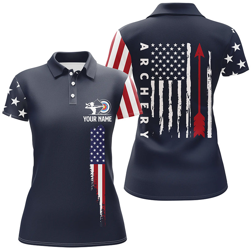 Personalized Navy American Flag Archery Polo Shirts For Women, Custom ...