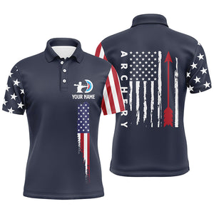 Personalized Navy American Flag Archery Polo Shirts For Men, Custom Fl 