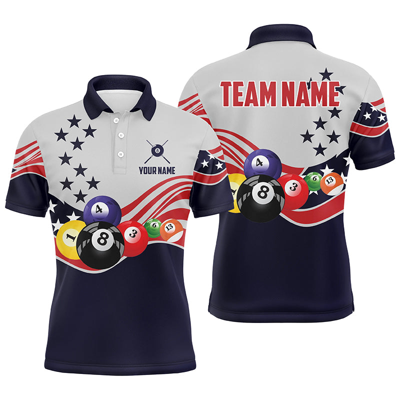 Personalized American Flag Billiard Style 3D Polo Shirts For Men, Custom 8 Ball Pool Team Jerseys VHM1062