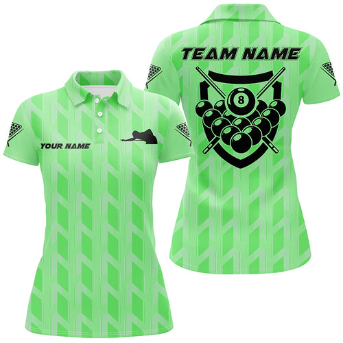 Personalized Green 8 Ball Billiards 3D Polo Shirts For Women, Custom Name Player Billiards Jerseys VHM0744