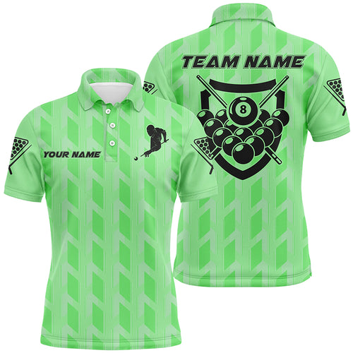 Personalized Green 8 Ball Billiards 3D Polo Shirts For Men, Custom Name Player Billiards Jerseys VHM0744