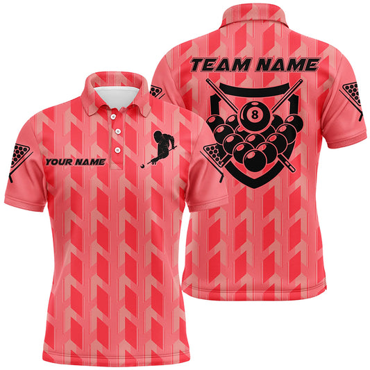 Personalized Red 8 Ball Billiards 3D Polo Shirts For Men, Custom Name Player Billiards Jerseys VHM0745