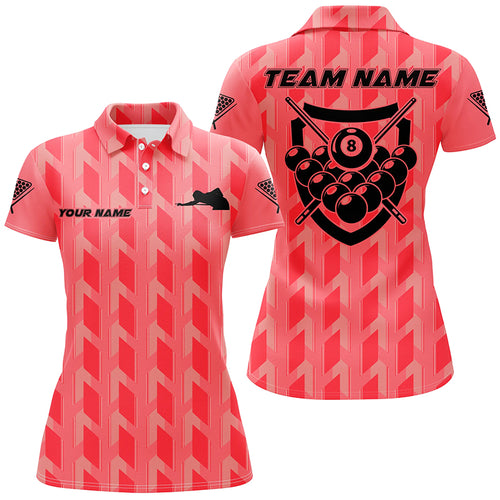 Personalized Red 8 Ball Billiards 3D Polo Shirts For Women, Custom Name Player Billiards Jerseys VHM0745