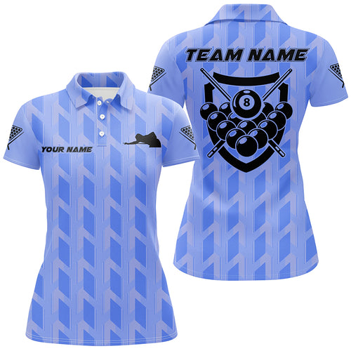 Personalized Blue 8 Ball Billiards 3D Polo Shirts For Women, Custom Name Player Billiards Jerseys VHM0746