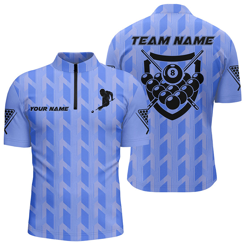 Personalized Blue 8 Ball Billiards 3D Quarter-Zip Shirts For Men, Custom Player Billiards Jerseys VHM0746
