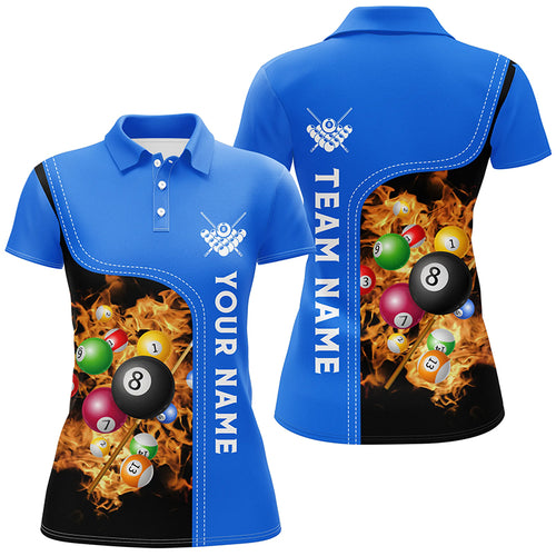 Personalized Blue Fire Pool Balls Billiard Polo Shirts For Women, Custom 3D Billiard Team Jerseys VHM0747
