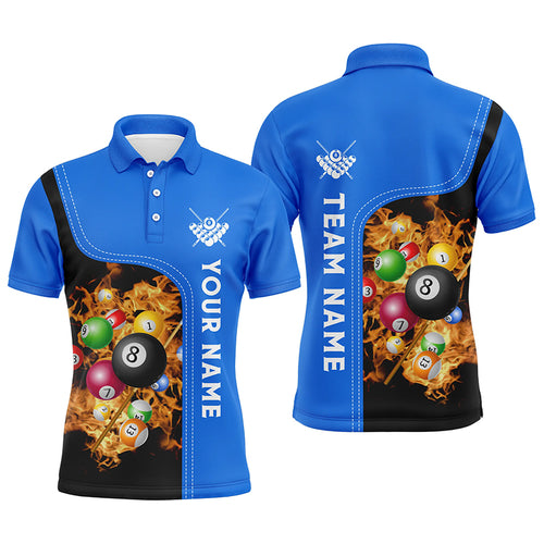 Personalized Blue Fire Pool Balls Billiard Polo Shirts For Men, Custom 3D Billiard Team Jerseys VHM0747