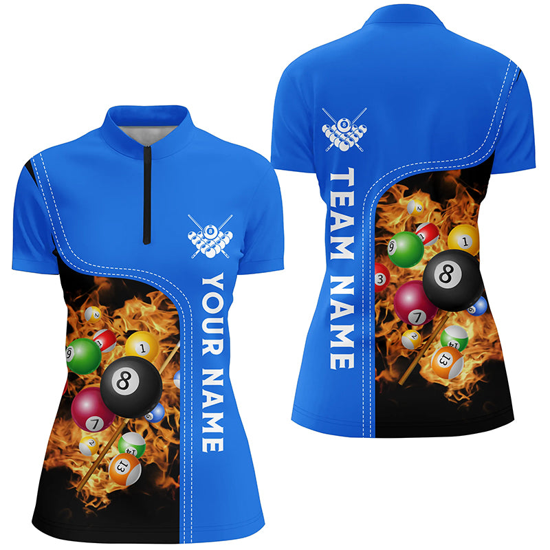 Personalized Blue Fire Billiard Balls Quarter-Zip Shirts For Women, Custom 3D Billiard Team Jerseys VHM0747