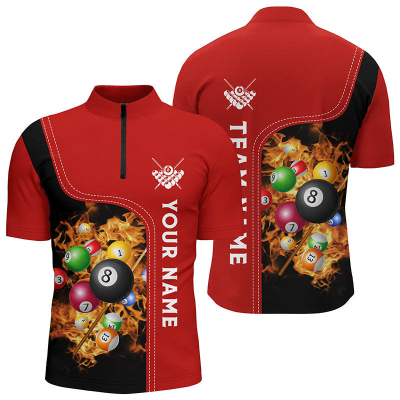 Personalized Red Fire Billiard Balls Quarter-Zip Shirts For Men, Custom 3D Billiard Team Jerseys VHM0748