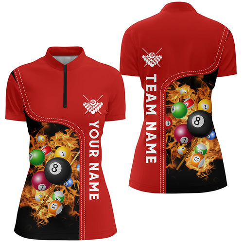Personalized Red Fire Billiard Balls Quarter-Zip Shirts For Women, Custom 3D Billiard Team Jerseys VHM0748