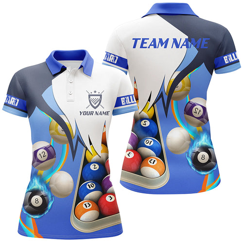 Billiard Blue Personalized Name 3D Polo Shirts For Women, Custom Player Billiards Jerseys VHM0140