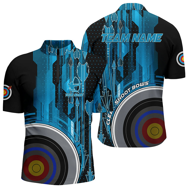 Personalized Blue 3D Target Archery Quarter-Zip Shirts For Men, Clear Shoot Bows Archery Shirts VHM0603