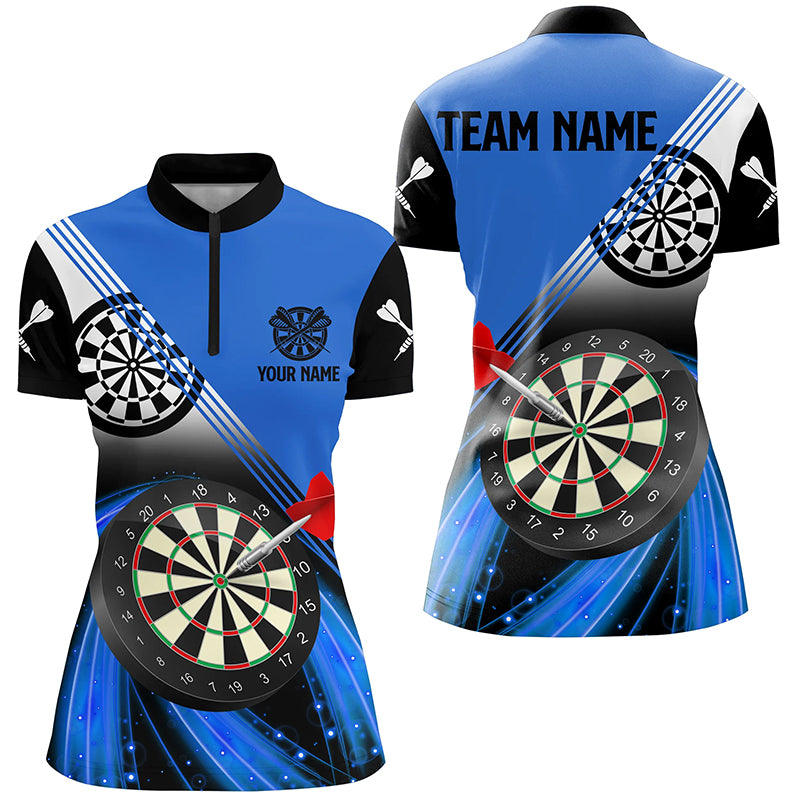 Personalized Blue Darts Quarter-Zip Shirts For Women, Dart Team Jerseys Custom Womens Dart Apparel VHM1086