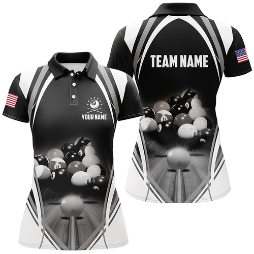 Personalized Billiard Balls US Flag Black Polo Shirts For Women, Custom 8 Ball Billiard 3D Jerseys VHM0164