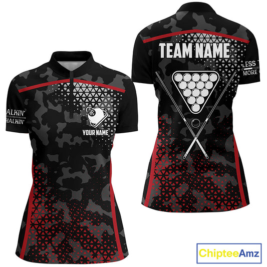 Personalized Red Black 8 Ball Pool Quarter-Zip Shirts For Women, Custom Billiard Balls Team Jerseys VHM0768