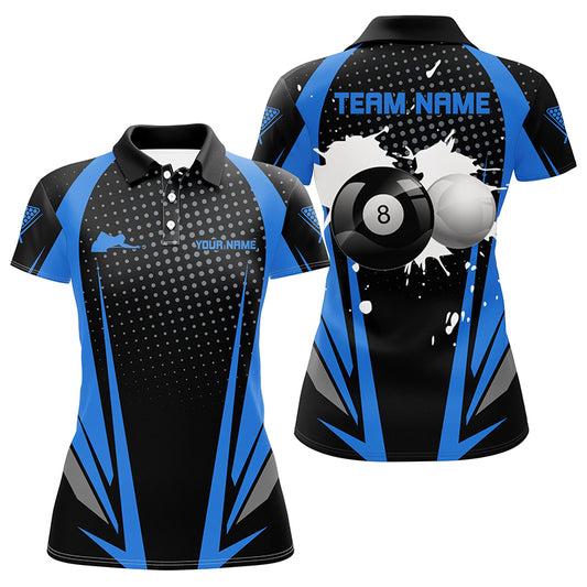 Personalized Paint Billiard Balls Black Blue 3D Polo Shirts For Women, 8 Ball Billiards Jerseys VHM1088