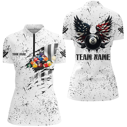 Personalized US Flag Billiard Balls 3D Quarter-Zip Shirts For Women, White 8 Ball Pool Wings Jerseys VHM1005