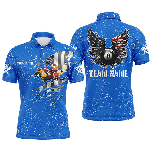 Personalized US Flag Billiard Balls 3D Polo Shirts For Men, Blue Billiard 8 Ball Wings Jerseys VHM1006
