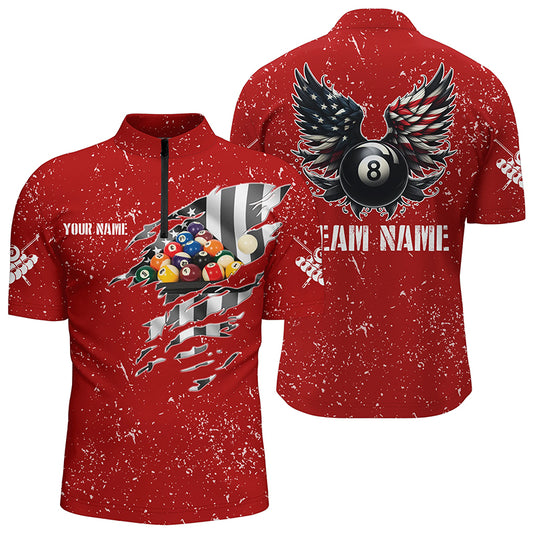 Personalized US Flag Billiard Balls 3D Quarter-Zip Shirts For Men, Red 8 Ball Pool Wings Jerseys VHM1008