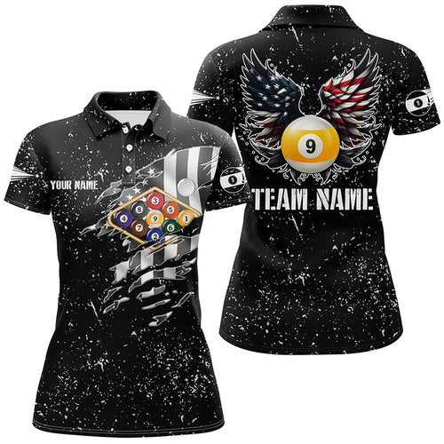 Personalized US Flag Billiard Balls 3D Polo Shirts For Women, Funny Billiard 9 Ball Wings Jerseys VHM1009