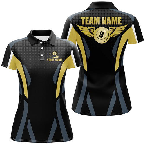 Personalized Billiard 9 Ball Pool 3D Polo Shirts For Women, Custom 9 Ball Wings Billiard Team Shirts VHM0611