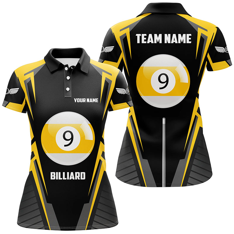 Personalized Black Yellow 9 Ball Pool Polo Shirts For Women, Custom 9 Ball Pool Billiards Team Shirts VHM0612