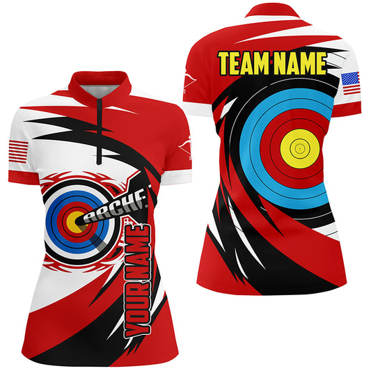 Personalized Name 3D Target Archery Quarter-Zip Shirts For Women, American Flag Archery Team Shirts VHM0625