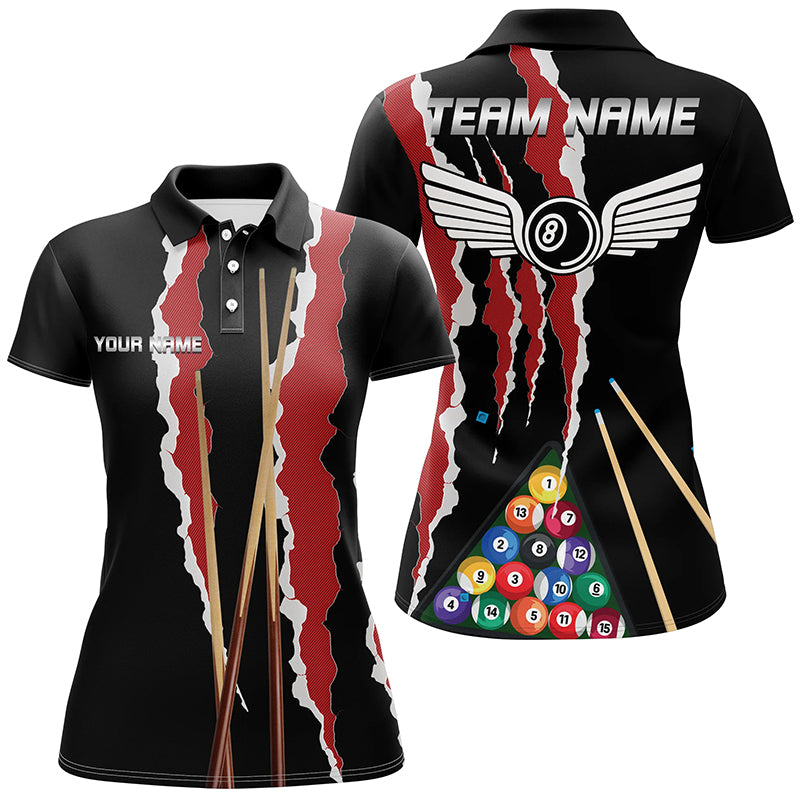 Personalized Red Black Sticks Billiard 8 Ball Polo Shirts For Women, Custom Billiard Balls Jerseys VHM0786