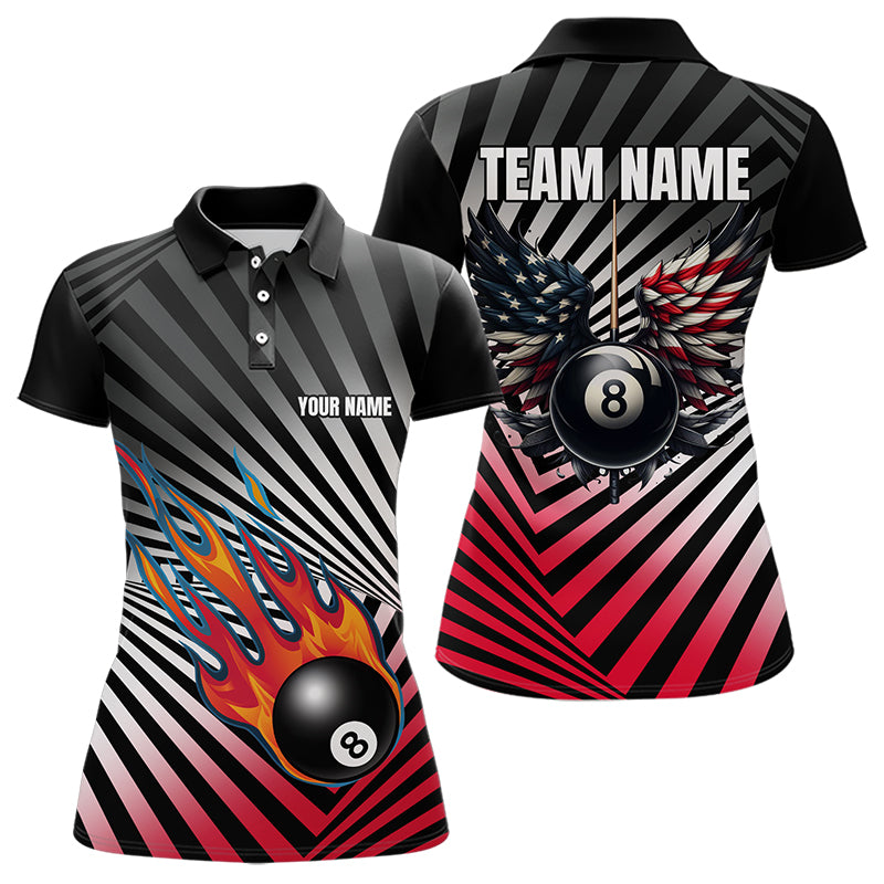 Personalized Fire 8 Ball Pool Billiard Shirts For Women, US Flag 8 Ball Pool Swing Billiard Jerseys VHM1203