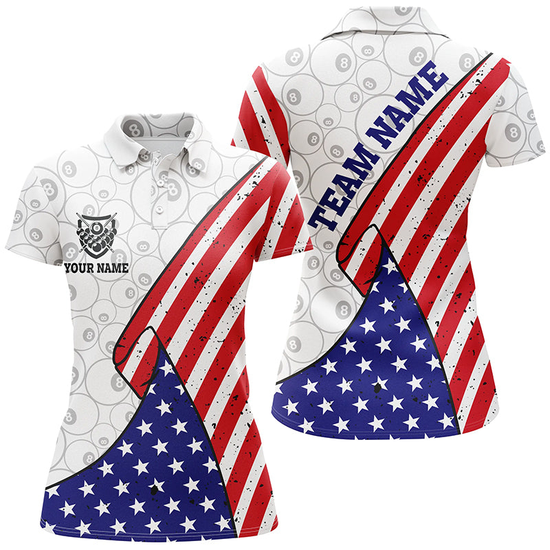 Personalized American Flag Billiards Polo Shirts For Women, Custom 8 Ball Pattern Billiards Jerseys VHM0190