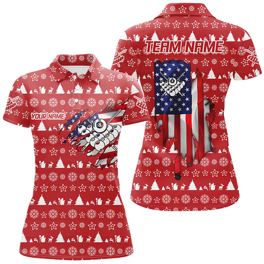 Personalized Christmas US Flag 8 Ball Pool Polo Shirts For Women, Custom Christmas Billiard Shirts VHM0627