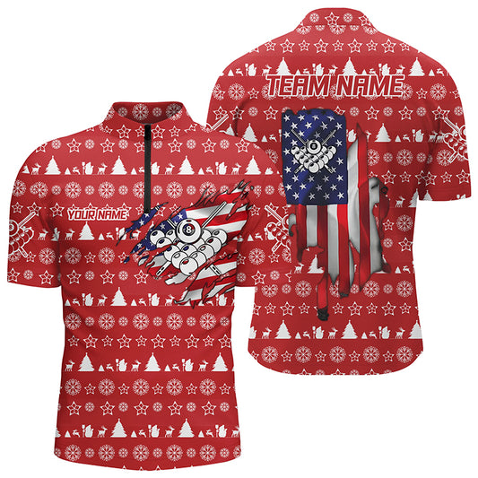 Personalized Christmas US Flag 8 Ball Pool Quarter-Zip Shirts For Men, Christmas Billiard Shirts VHM0627