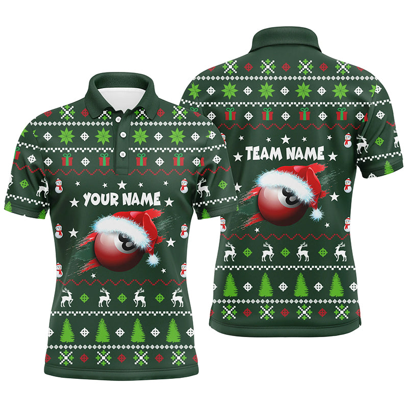 Personalized Green Red Christmas 8 Ball Billiard Polo Shirts For Men, Christmas Billiards Jerseys VHM0628