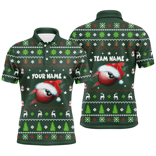 Personalized Green Red Christmas 8 Ball Billiard Polo Shirts For Men, Christmas Billiards Jerseys VHM0628