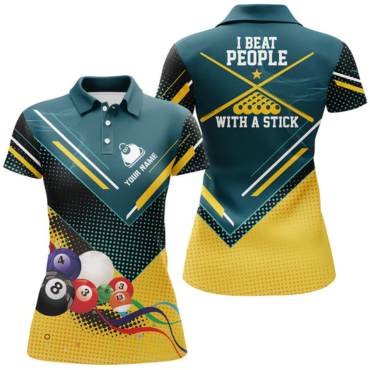 Personalized I Beat People With A Stick Billiard 3D Polo Shirts For Women, 8 Ball Billiards Jerseys VHM0436