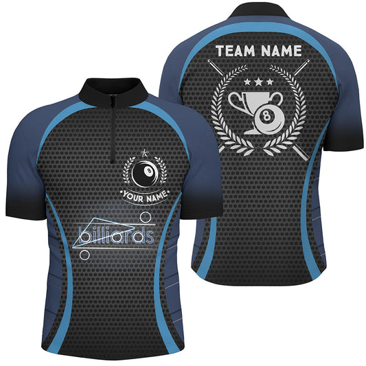 Personalized Blue 8 Ball Pool Quarter-Zip Shirts For Men, Billiard 8 Ball Emblem Trophy Jerseys VHM0798