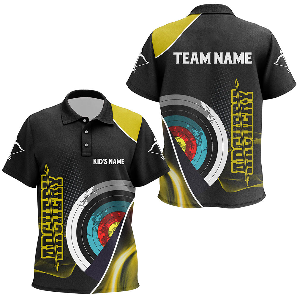 Personalized 3D Targets Archery Polo Shirts For Kids, Custom Yellow Black Arrow Archery Team Shirts VHM0800
