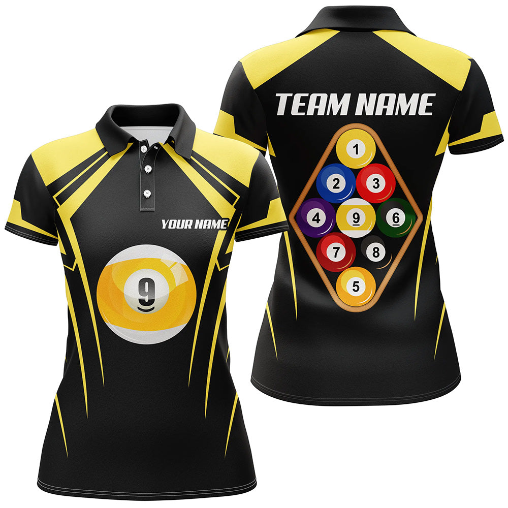Personalized Black Yellow 9 Ball Pool 3D Polo Shirts For Women, Custom Billiards 9 Ball Team Jerseys VHM1035