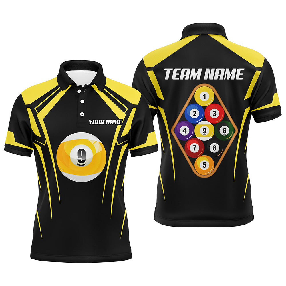 Personalized Black Yellow 9 Ball Pool 3D Polo Shirts For Men, Custom Billiards 9 Ball Team Jerseys VHM1035