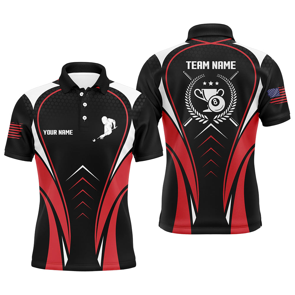 Personalized US Flag Red Billiards Polo Shirts For Men, Ball 8 Trophy Emblem Billiard Jerseys VHM0215