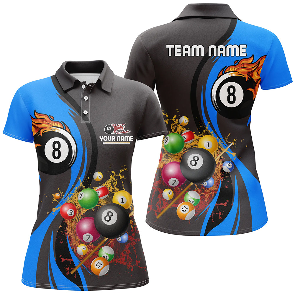 Personalized Customized Fire And Water 8 Ball Pool Billiard Balls Blue Polo Shirts For Women VHM0479
