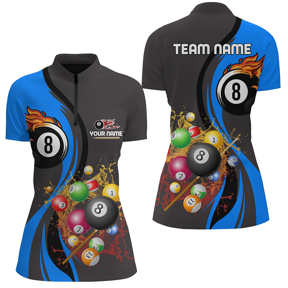 Personalized Customized Fire And Water 8 Ball Pool Billiard Balls Blue Quarter-Zip Shirts For Women VHM0479